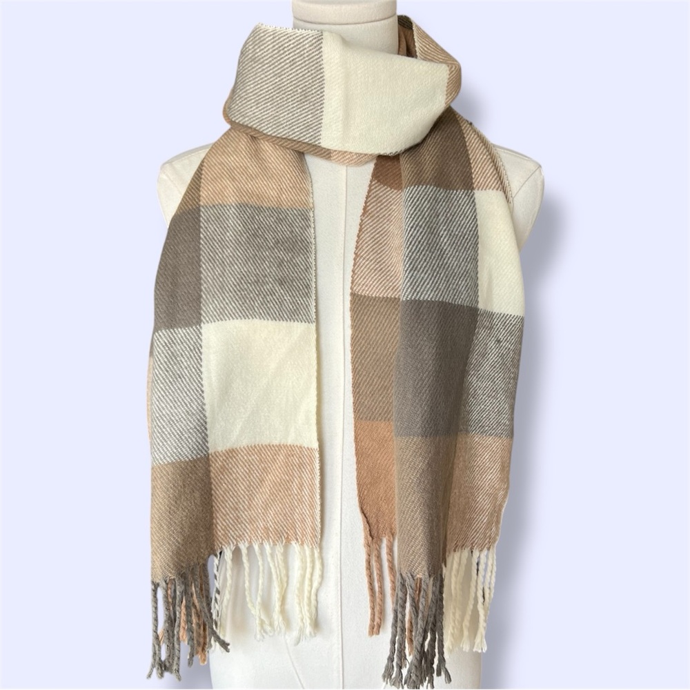 100% Cashmere Plaid Fringe Scarf in Neutral Tones- Made in Scotland